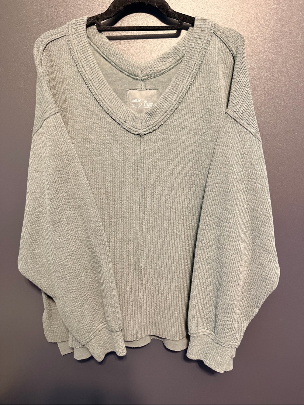 Light Sage V-Neck Waffle Knit Women's Sweater by Aerie